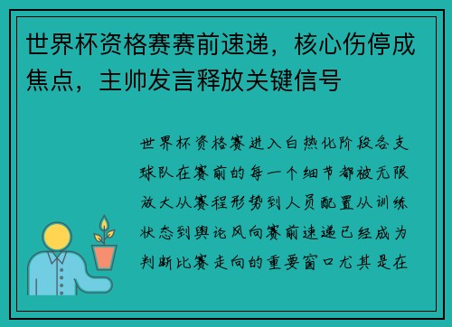 世界杯资格赛赛前速递，核心伤停成焦点，主帅发言释放关键信号