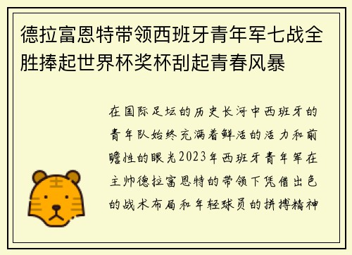 德拉富恩特带领西班牙青年军七战全胜捧起世界杯奖杯刮起青春风暴 德拉富恩特带领西班牙青年军七战全胜捧起世界杯奖杯刮起青春风暴